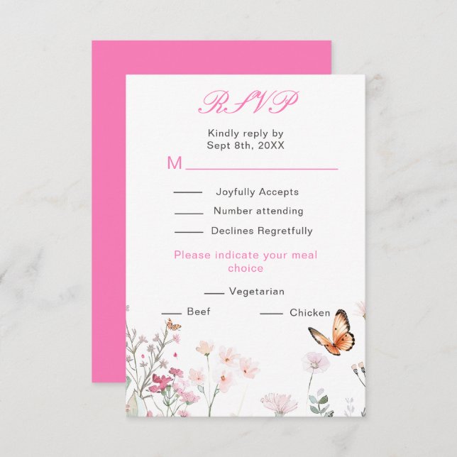 Spring Deep Pink Butterfly Floral Wedding RSVP Card (Front/Back)