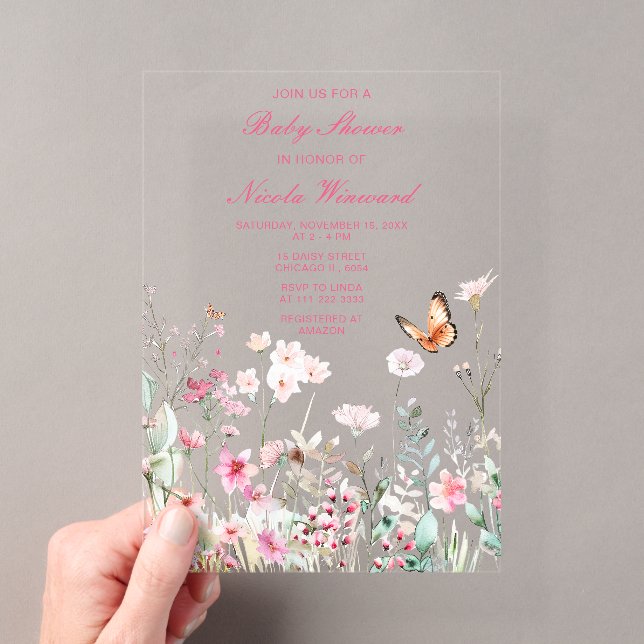 Spring Deep pink Floral Baby Shower Acrylic Invitations (Insitu (Handheld))
