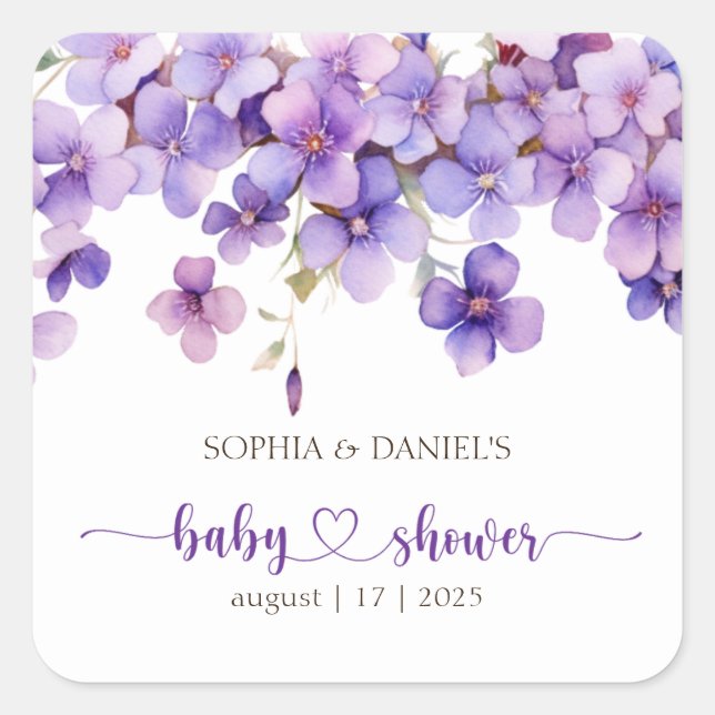 Spring Delicate Violet Flowers Baby Shower Square Sticker (Front)