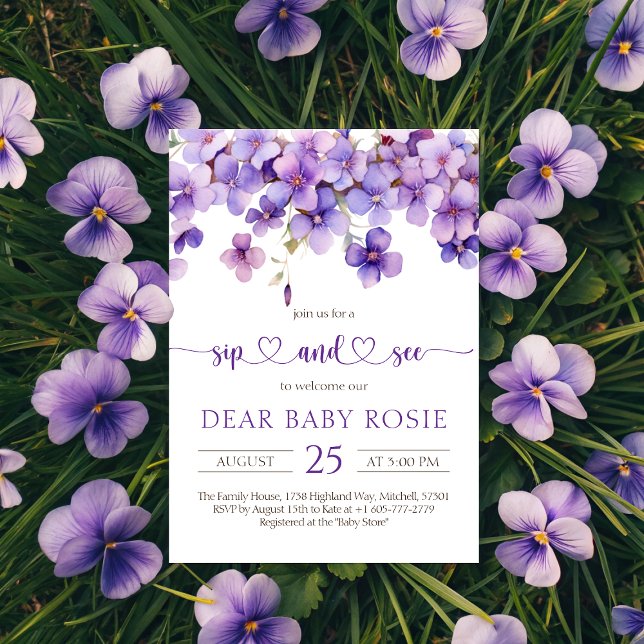 Spring Delicate Violet Flowers Baby Sip and See Invitation (Spring Delicate Violet Flowers Baby Sip and See Invitation)