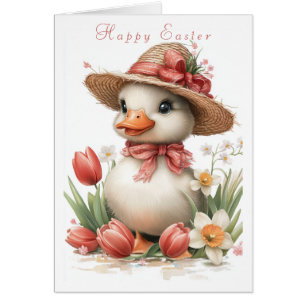 Spring Duckling Straw Hat Pink Bow Tulips Daffodil