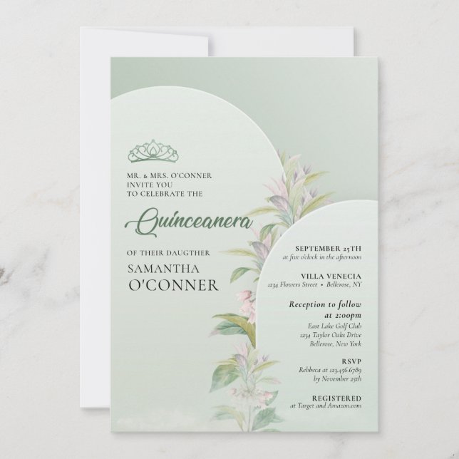 Spring dusty green eucalyptus powder pink floral invitation (Front)