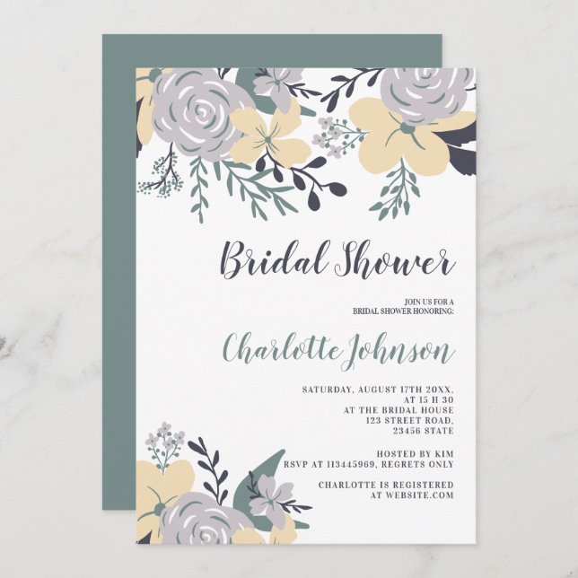 Spring dusty green yellow floral bridal shower invitation (Front/Back)