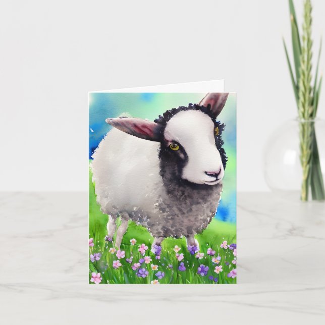 Spring Easter Black and White Lamb Watercolor  Card (Front)