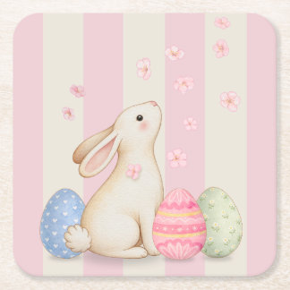 Spring Easter Bunny & Eggs Stripe Square Paper Coaster