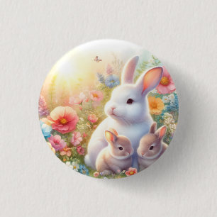 Spring Easter Bunny Family Floral Garden 1 Inch Round Button