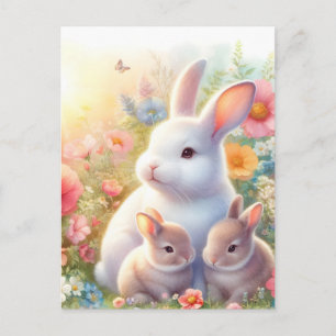 Spring Easter Bunny Family Floral Garden Holiday Postcard