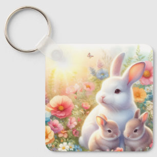 Spring Easter Bunny Family Floral Garden Keychain