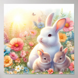 Spring Easter Bunny Family Floral Garden Poster
