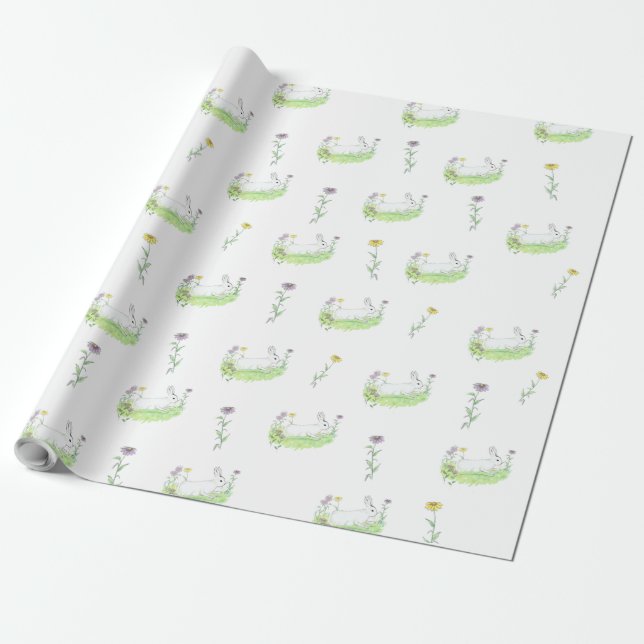 Spring Easter Bunny Meadow Watercolor Art Pattern  Wrapping Paper (Unrolled)