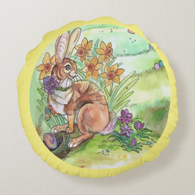 Spring Easter Bunny Round Pillow (Back)