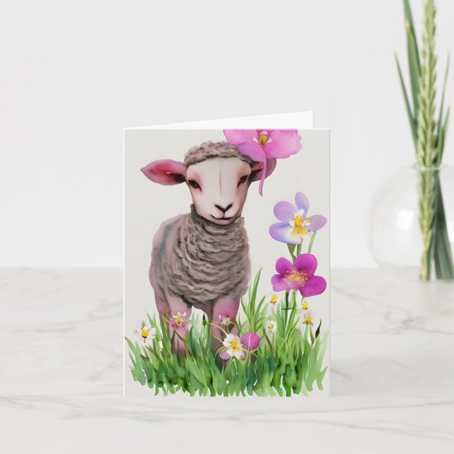 Spring Easter Lamb and Flowers Watercolor Card (Front)