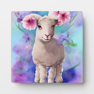 Spring Easter Lamb Floral Watercolor Plaque