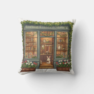 Spring Easter Shop with Cute Reading Bunny Pillow