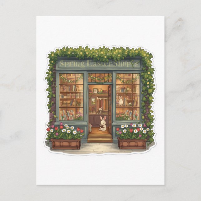 Spring Easter Shop with Cute Reading Bunny Postcard (Front)