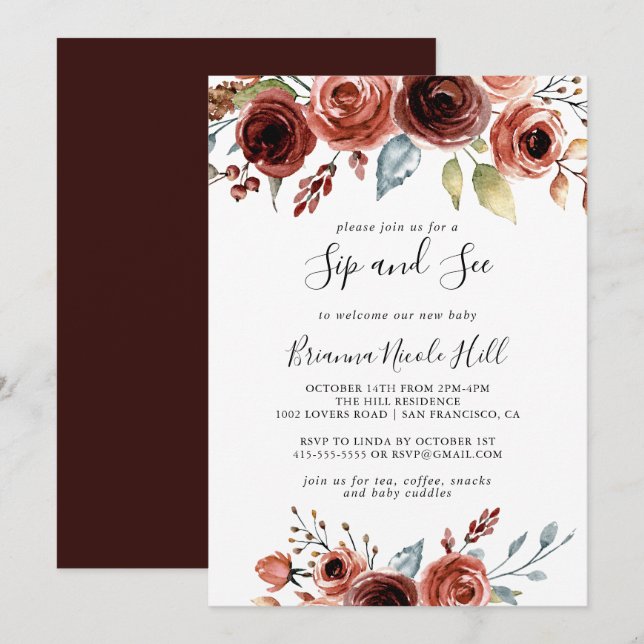 Spring Elegant Floral Sip and See Invitation (Front/Back)