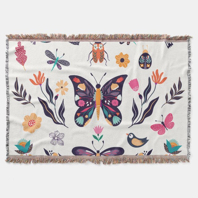 Spring Elements Butterflies Birds Flowers Throw Blanket (Front)
