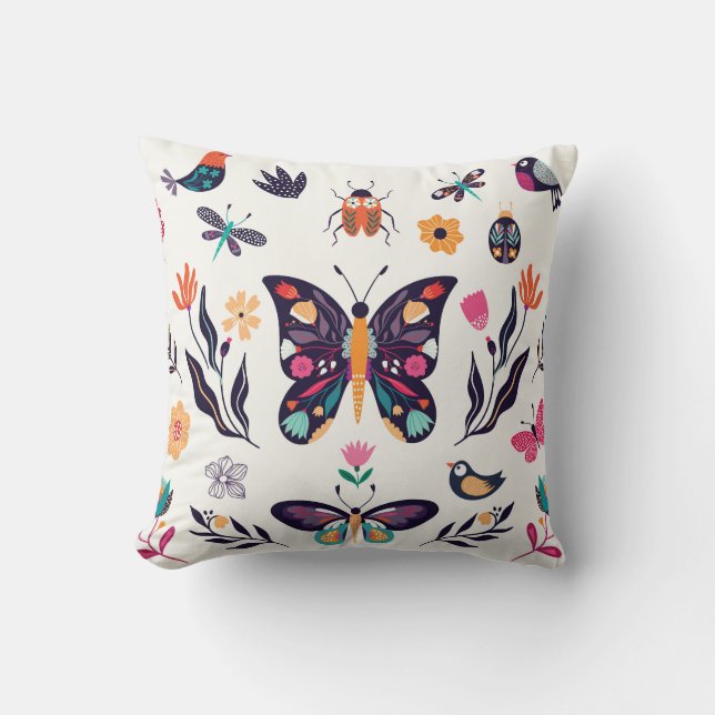 Spring Elements Butterflies Birds Flowers Throw Pillow (Front)