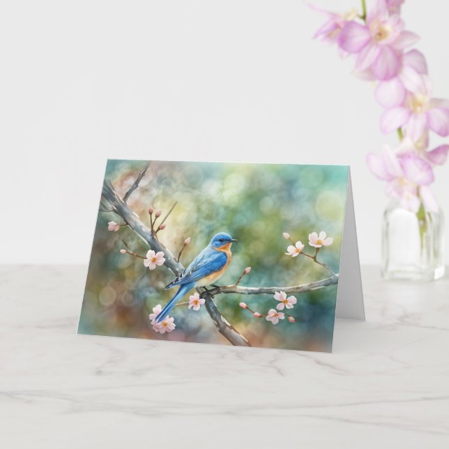 Spring Equinox Greetings Blossoms and Blue Bird  Card (Orchid)