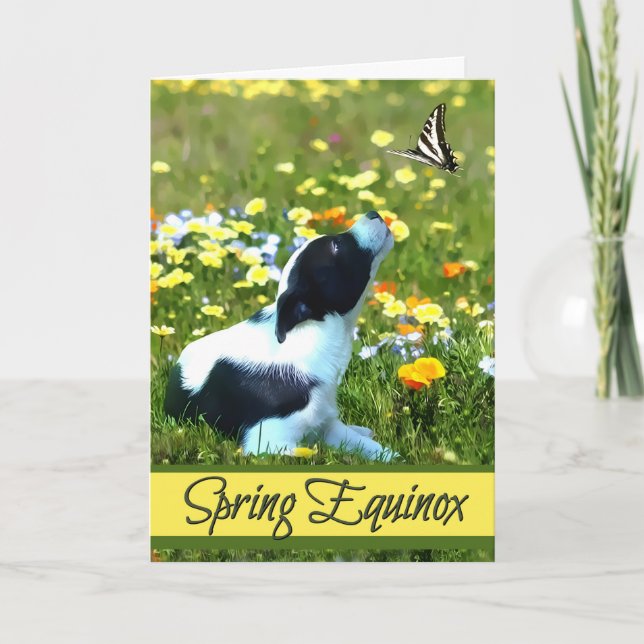 Spring Equinox Ostara Blessings Puppy & Butterfly Card (Front)