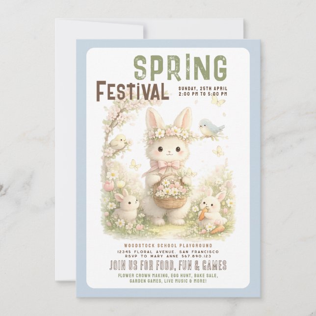 Spring Festival Cute Bunny Floral Easter Invitation (Front)