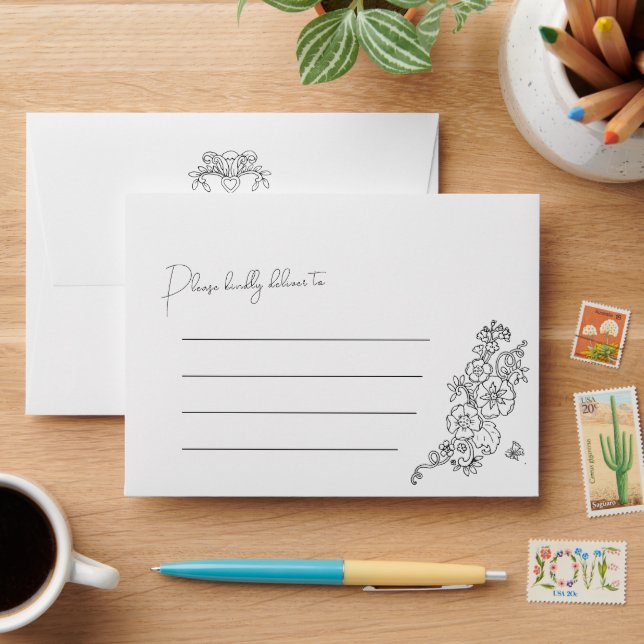 Spring Fleur de lis line art mono wedding Envelope (Desk)