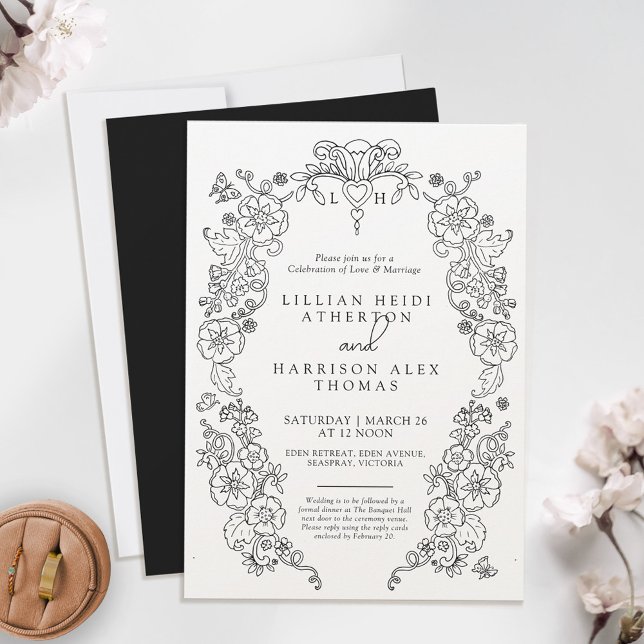 Spring Fleur de lis wedding black white art Invitation (Creator Uploaded)