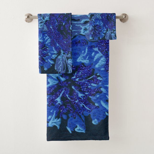 SPRING FLORAL BLACK BLUE BATHROOM TOWEL SET (Insitu)
