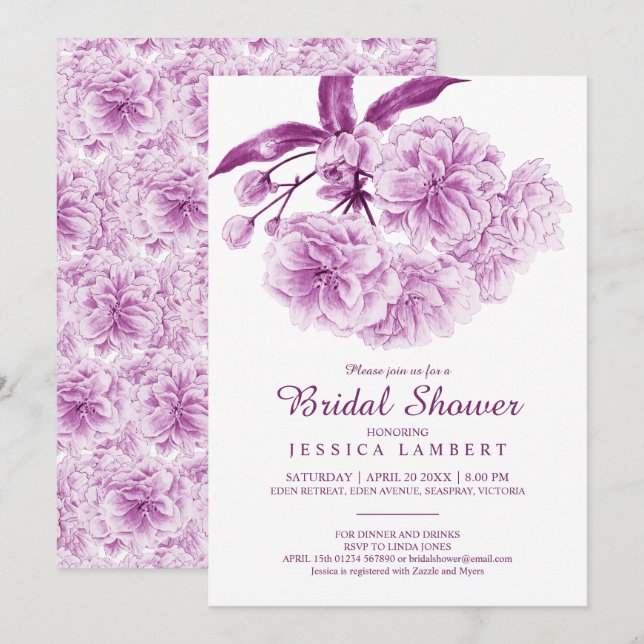 Spring floral blossom purple mauve bridal shower invitation (Front/Back)