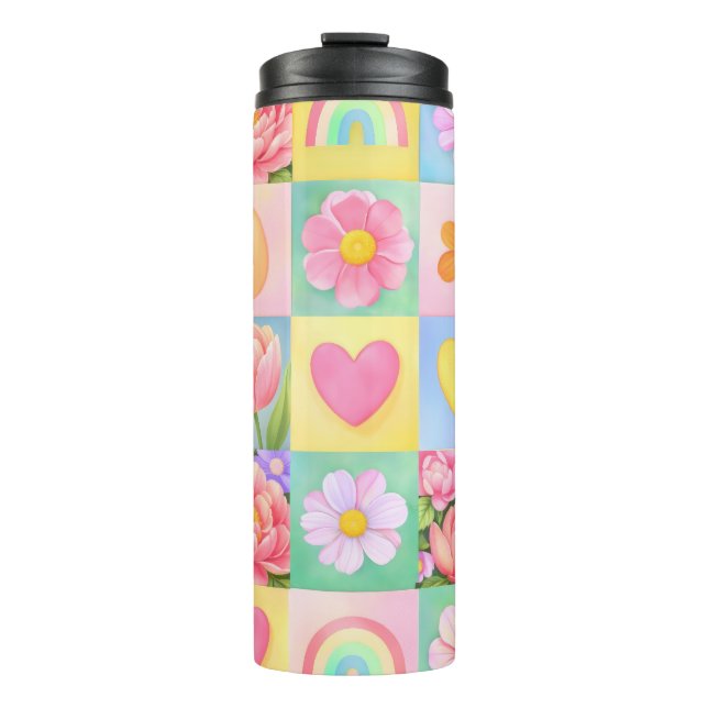 Spring Floral Blossoms Heart Checkerboard Pattern Thermal Tumbler (Front)