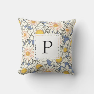 Spring Floral Blue Yellow Monogram Throw Pillow