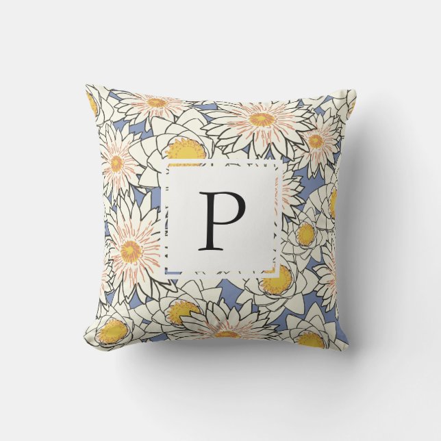  Spring Floral Blue Yellow Monogram  Throw Pillow (Front)