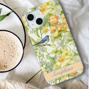 Spring Floral & Bluebird Pastel Yellow Custom Name iPhone 15 Case