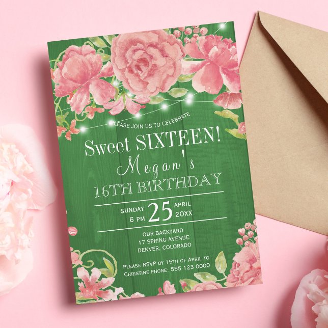 Spring floral blush peonies barnwood sweet sixteen invitation (Creator Uploaded)