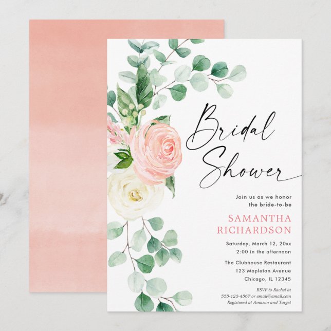 Spring floral blush pink greenery bridal shower invitation (Front/Back)