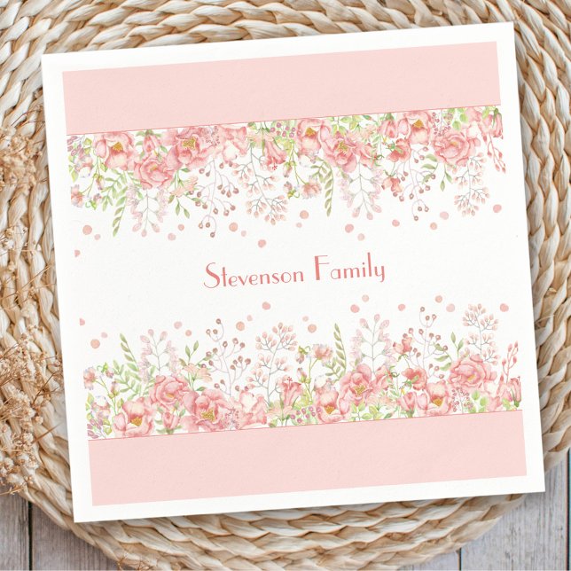 Spring Floral Border Pink Peach Family Name Napkin (Spring Floral Border Pink Peach Family Name Napkins)