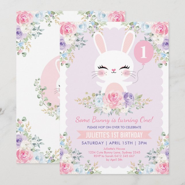 Spring Floral Bunny 1st Birthday Cute Rabbit Party Invitation (Front/Back)