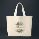 Spring Floral Chic Modern Personalized Name Large Tote Bag<br><div class="desc">This modern design features a spring floral in pretty coral, yellow, teal and navy blue with your personalized name. Personalize by editing the text in the text box provided. #floral #flowers #botanical #personalized #name #modern #chic #stylish #elegant #tote #bags #totebags #wedding #accessories #gifts #giftsforher #giftsforher #personalizedgifts #handbags #addyourownname #spring #feminine...</div>