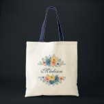Spring Floral Chic Modern Personalized Name Tote Bag<br><div class="desc">This modern design features a spring floral in pretty coral, yellow, teal and navy blue with your personalized name. Personalize by editing the text in the text box provided. #floral #flowers #botanical #personalized #name #modern #chic #stylish #elegant #tote #bags #totebags #wedding #accessories #gifts #giftsforher #giftsforher #personalizedgifts #handbags #addyourownname #spring #feminine...</div>