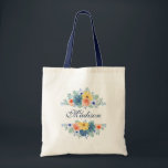 Spring Floral Chic Modern Personalized Name Tote Bag<br><div class="desc">This modern design features a spring floral in pretty coral, yellow, teal and navy blue with your personalized name. Personalize by editing the text in the text box provided. #floral #flowers #botanical #personalized #name #modern #chic #stylish #elegant #tote #bags #totebags #wedding #accessories #gifts #giftsforher #giftsforher #personalizedgifts #handbags #addyourownname #spring #feminine...</div>