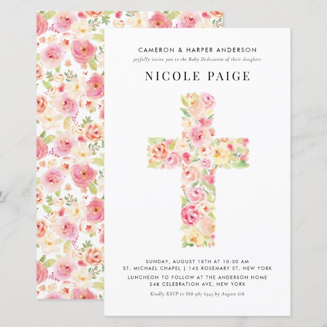 Spring Floral Cross Baby Dedication Invitation (Front/Back)