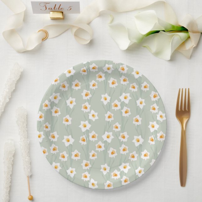 Spring Floral Daffodil and Tulip Pattern Paper Plate (Wedding)