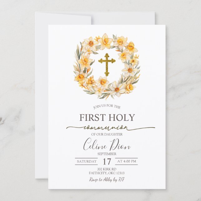 Spring Floral Daffodil Wreath 1st Holy Communion Invitation (Front)