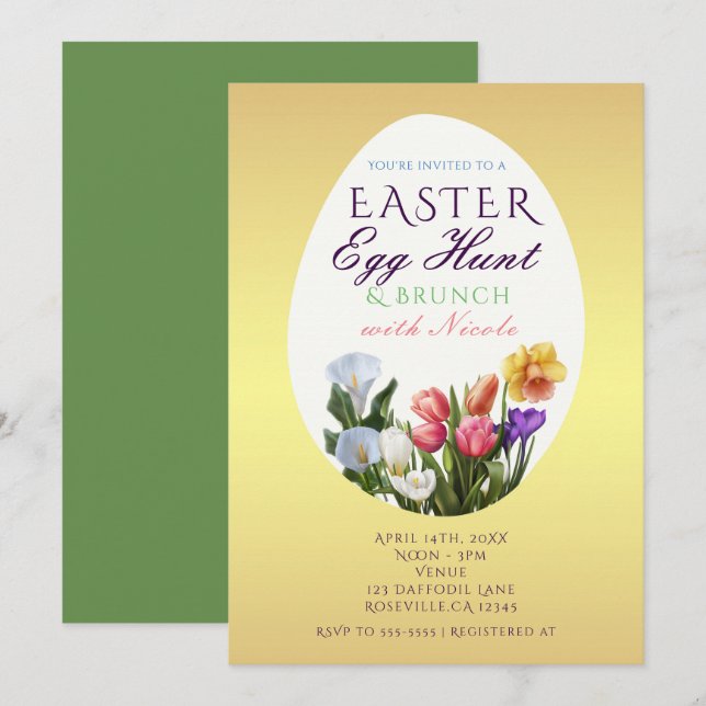 Spring Floral Easter Egg Hunt Elegant Invitations (Front/Back)