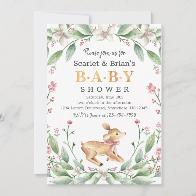Spring Floral Fawn Woodland Wild Deer Baby Shower Invitation (Front)