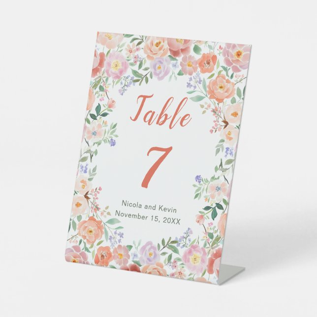 Spring Floral Flowers Wedding Table Number Pedestal Sign (Front)