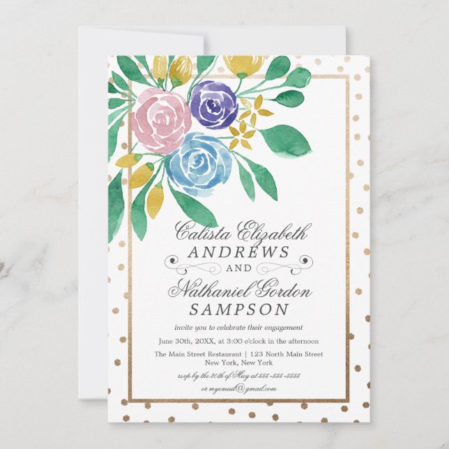 Spring Floral Gold Confetti Watercolor Engagement Invitation (Front)