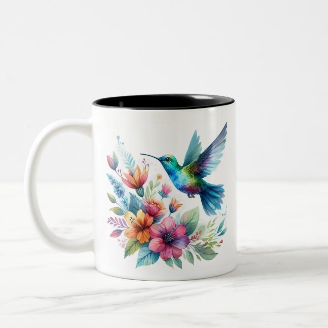 Spring Floral Hummingbird Two-Tone Coffee Mug (Left)