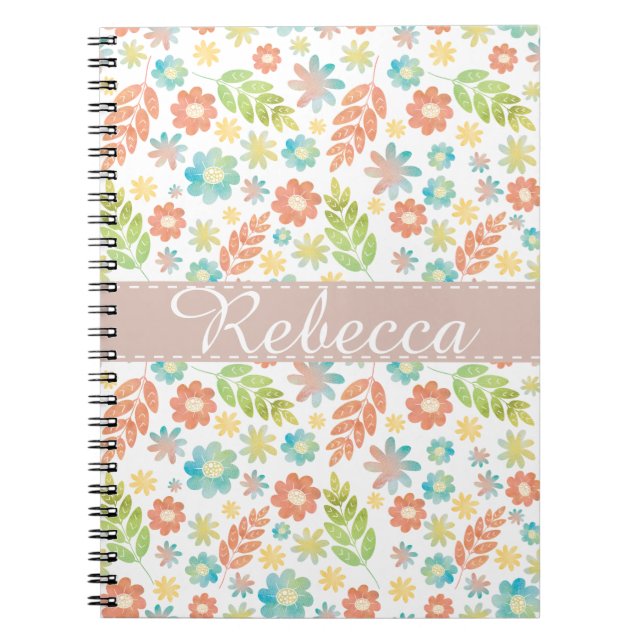 Spring Floral & Leaves Pretty Watercolor Pattern Notebook (Front)