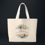 Spring Floral Modern Personalized Name | Wedding Large Tote Bag<br><div class="desc">This modern design features a spring floral in pretty coral, yellow, teal and navy blue with your personalized name with "Mother of the Groom" below in navy blue typography. Personalize by editing the text in the text box provided. #wedding #weddings #motherofthegroom #motherofthegroomgifts #bridalparty #bridalpartygifts #favours #gifts #floral #flowers #botanical #personalized...</div>
